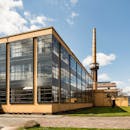 High-angle view of the historic Fagus Factory, a UNESCO site in Alfeld, Germany.